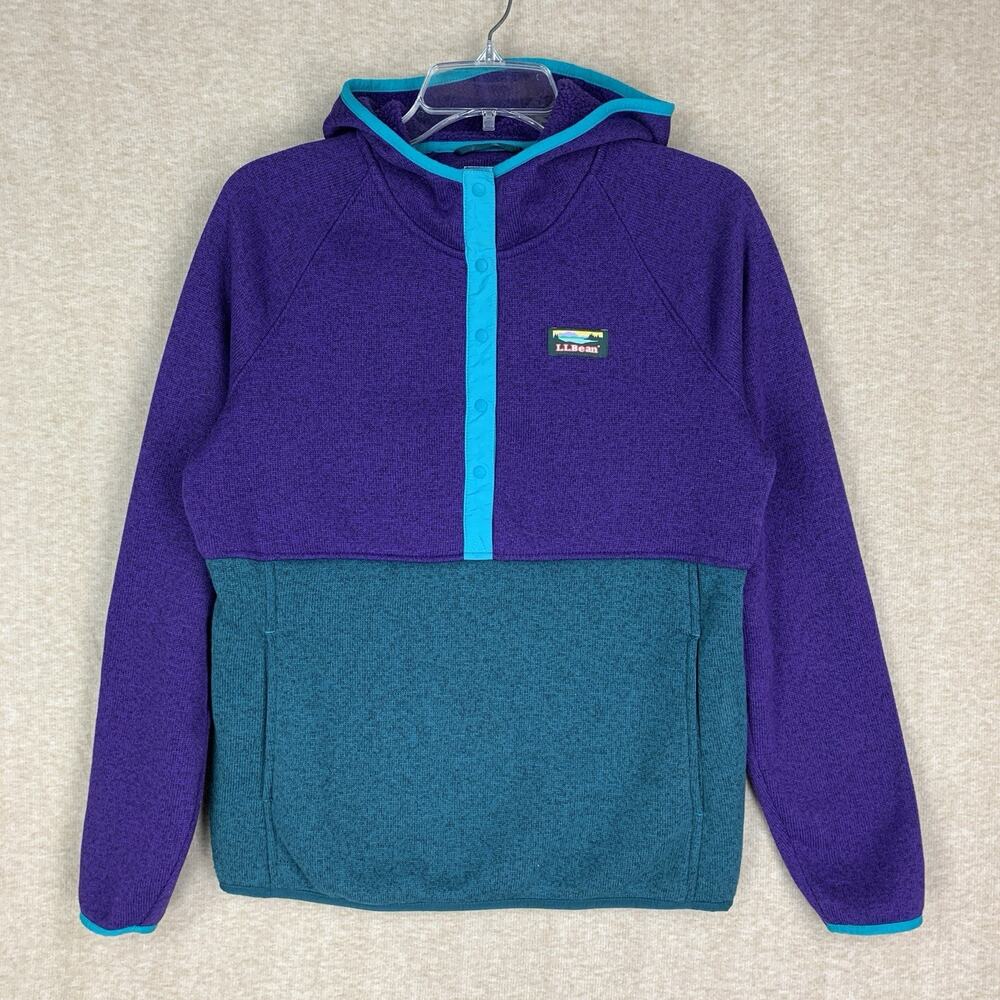 LL Bean Fleece Sweater Pullover Womens XS Purple Green Hoodie Half Snap Hiking